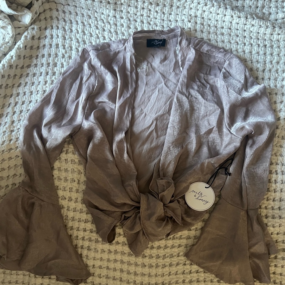 Satin Tie-Front Blouse in Taupe